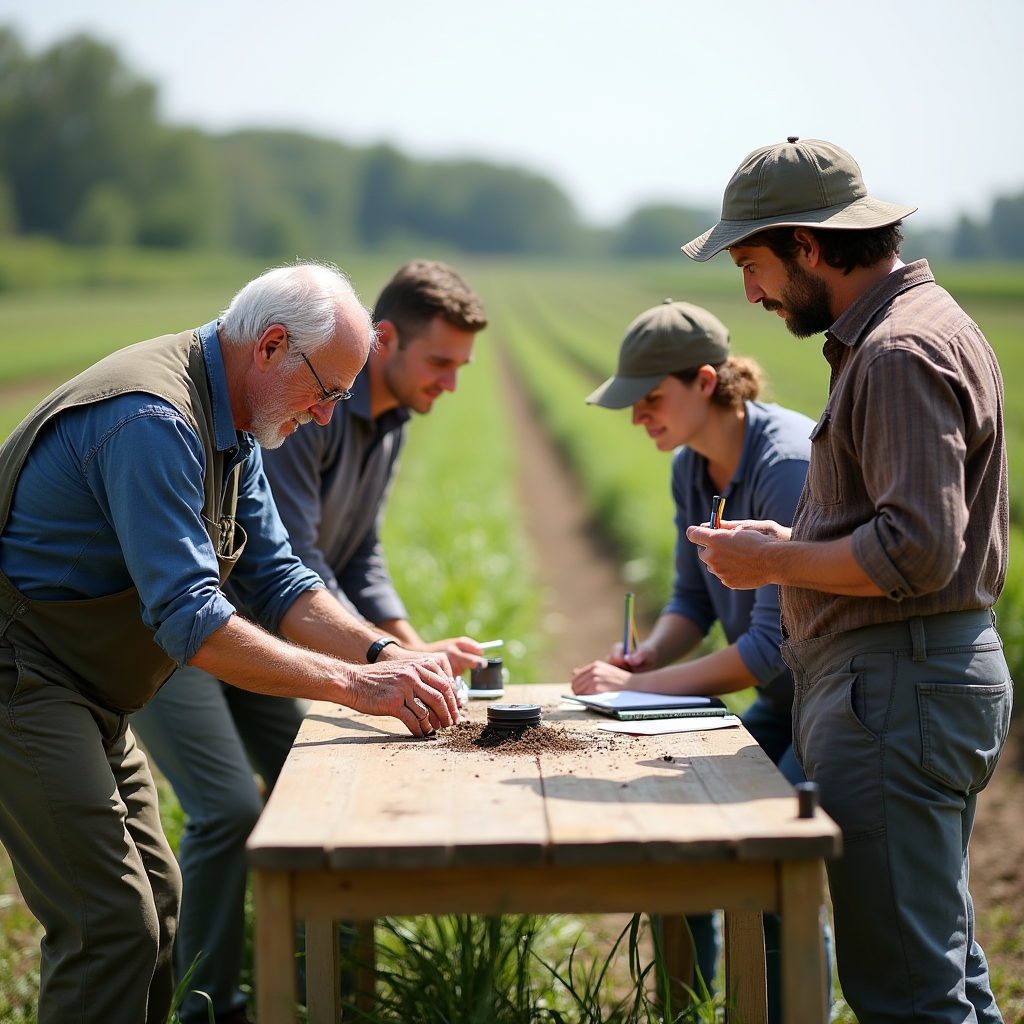 A small group of farmers gathered around an outdoor table during a community workshop on farming tools