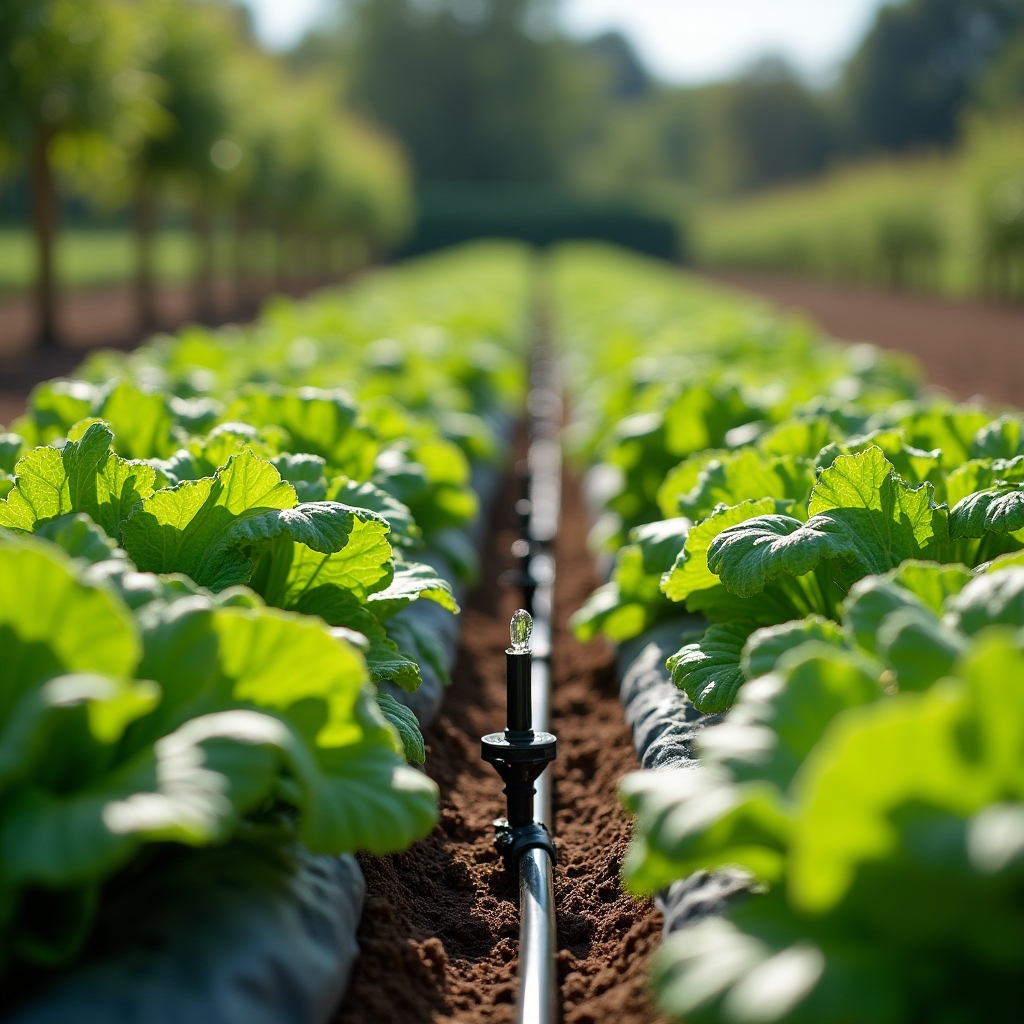 Drip irrigation lines running along neat rows of vegetables in a small garden plot