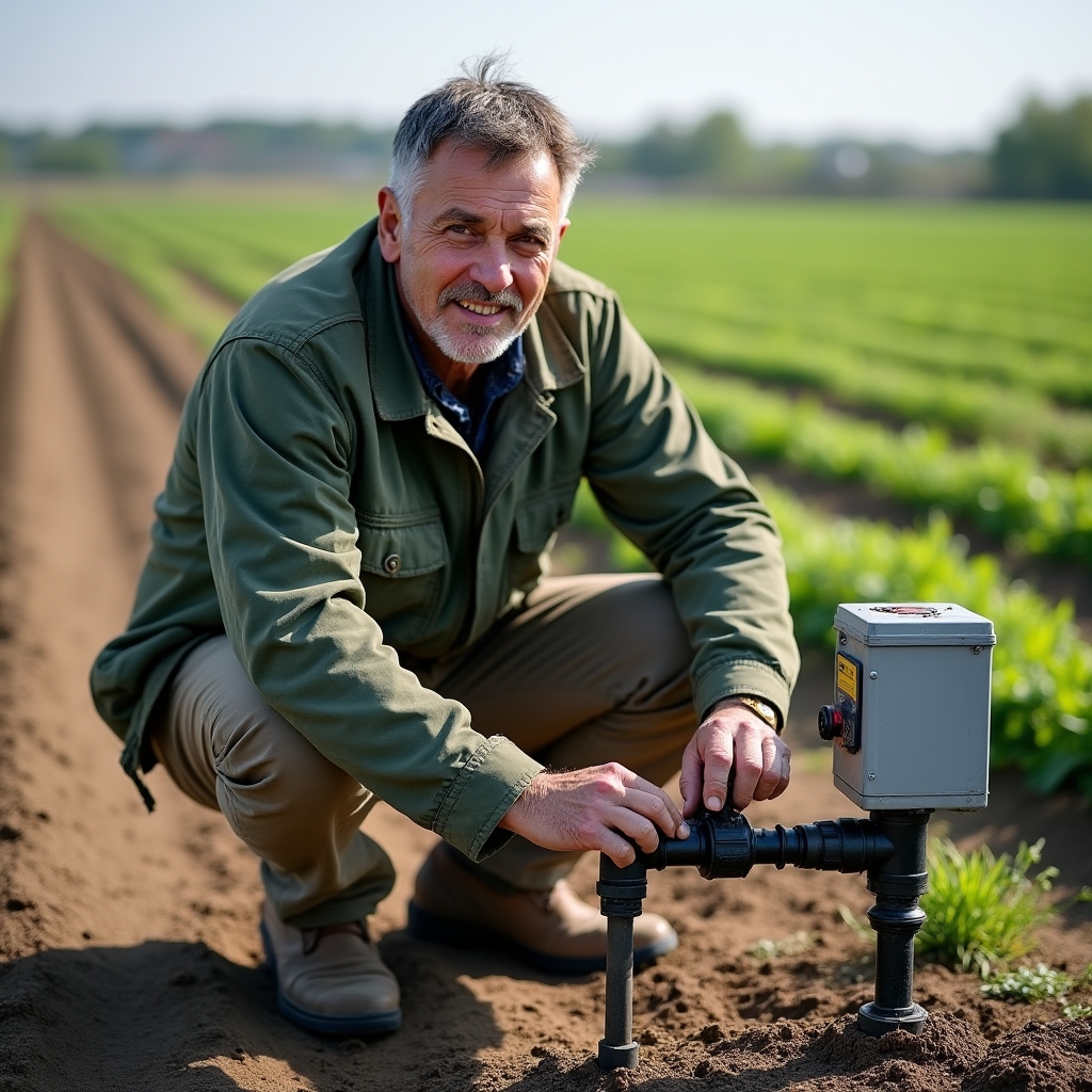 A farmer crouching to check an irrigation valve and control box at the edge of a field