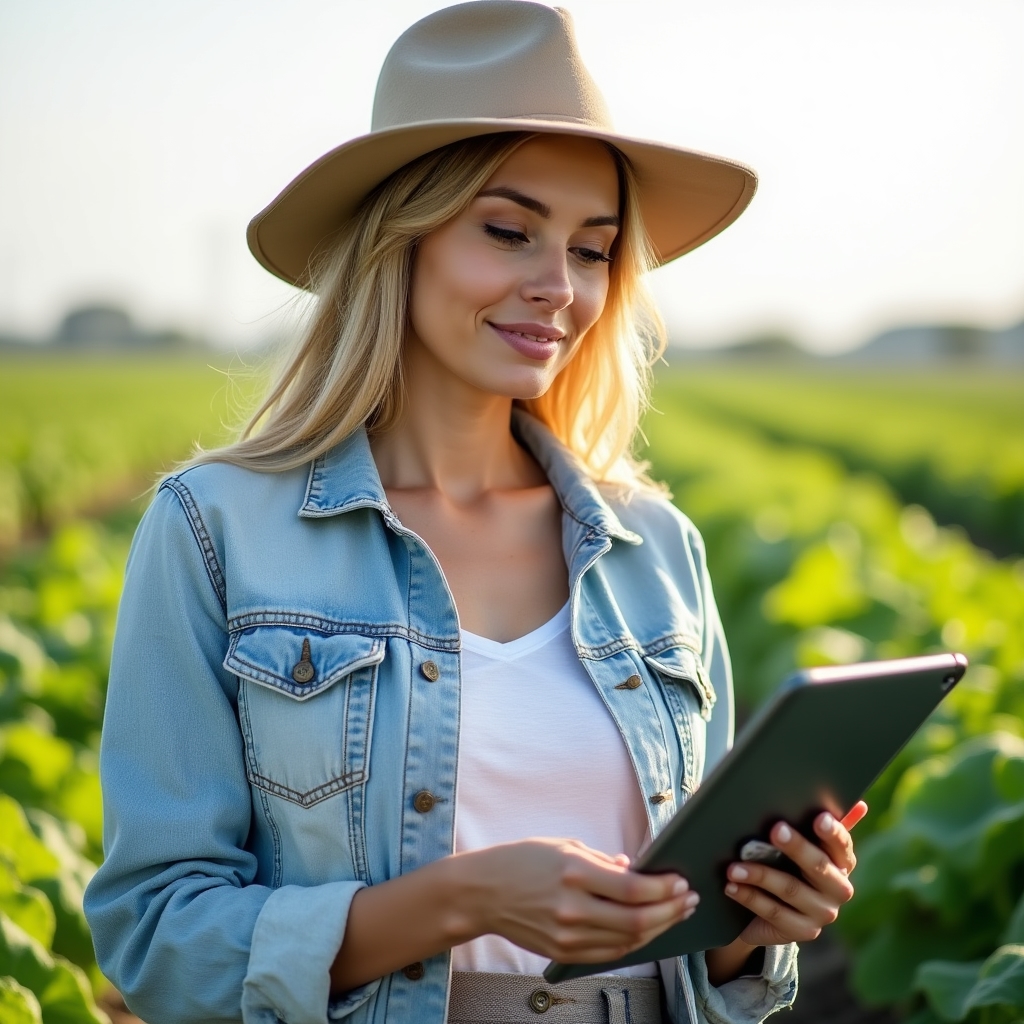 A farmer checking a monitoring app on a tablet while standing in a vegetable field