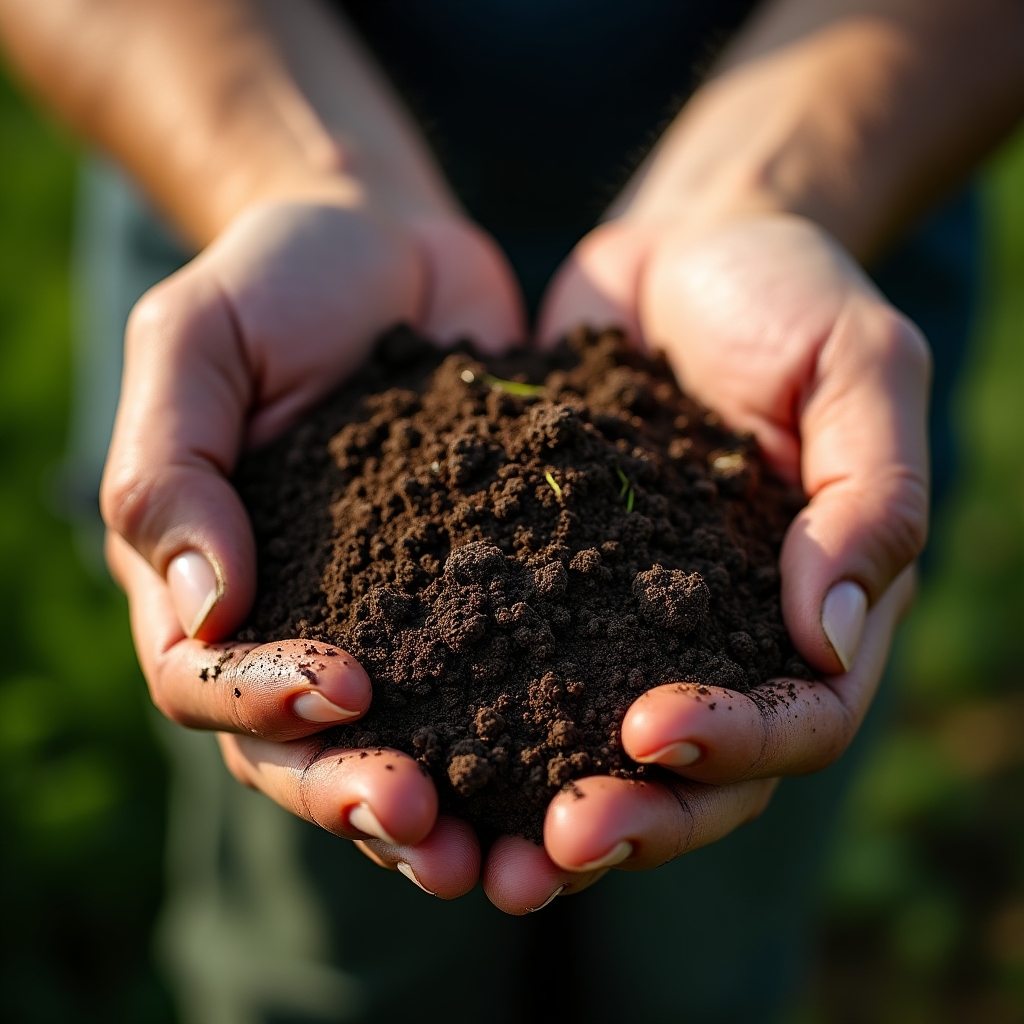 Close-up of two hands holding a small sample of dark soil for examination