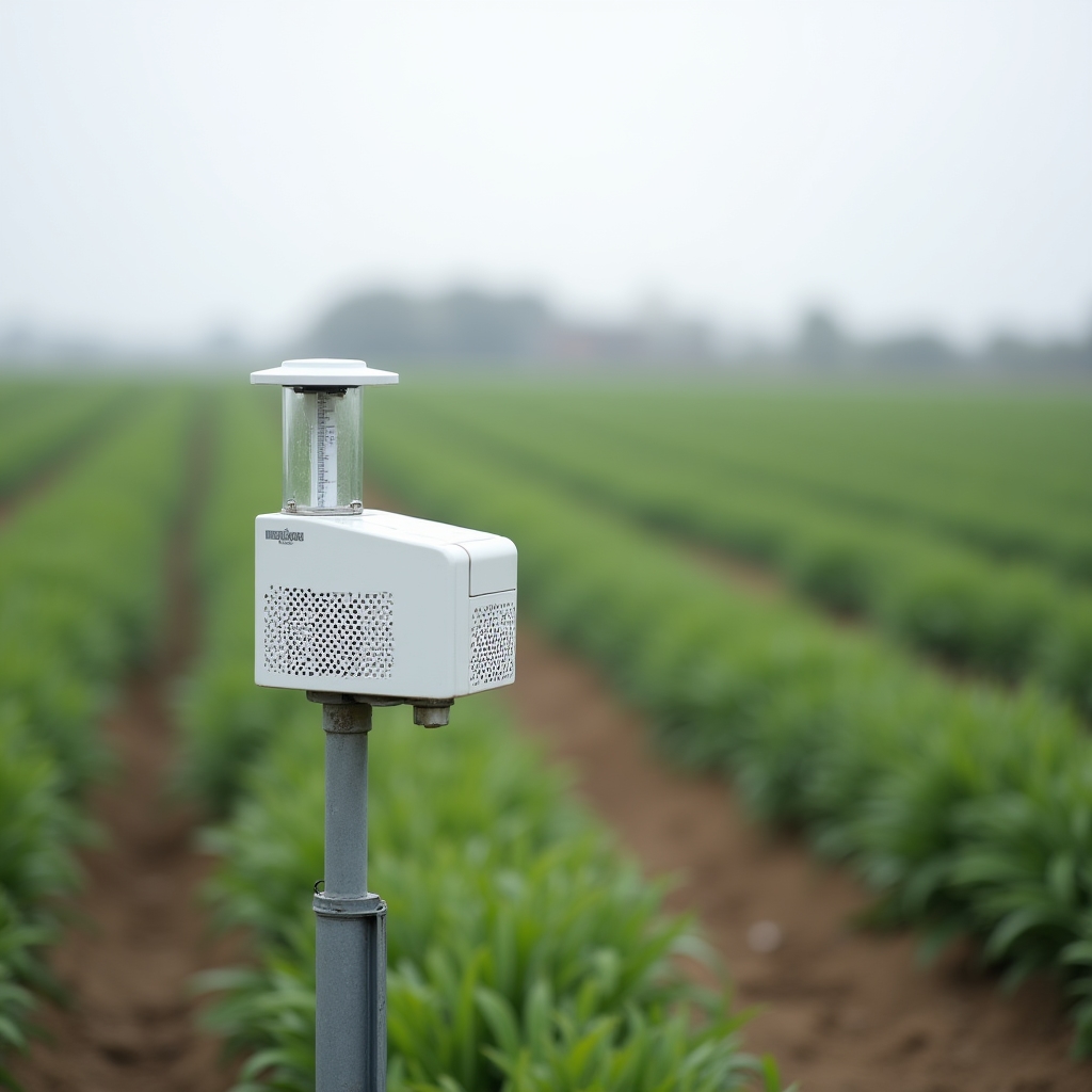 A compact weather station with rain gauge standing at the edge of a farm field