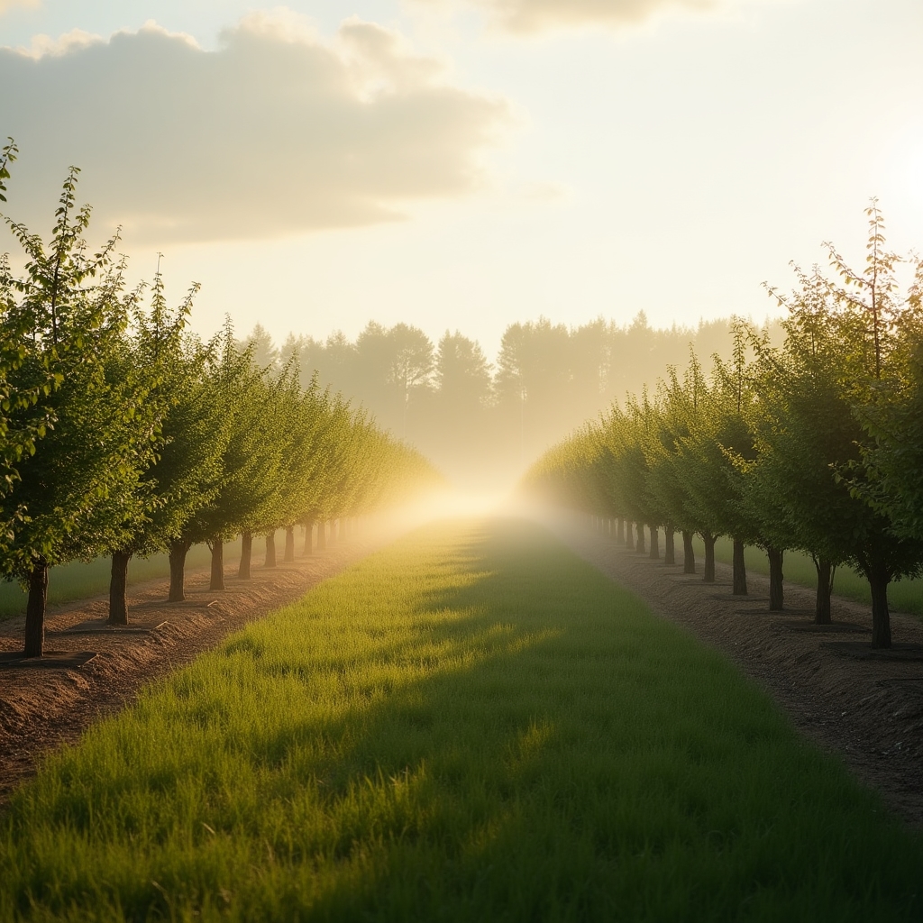 A wide view of a small family orchard with neat rows of fruit trees under an open sky