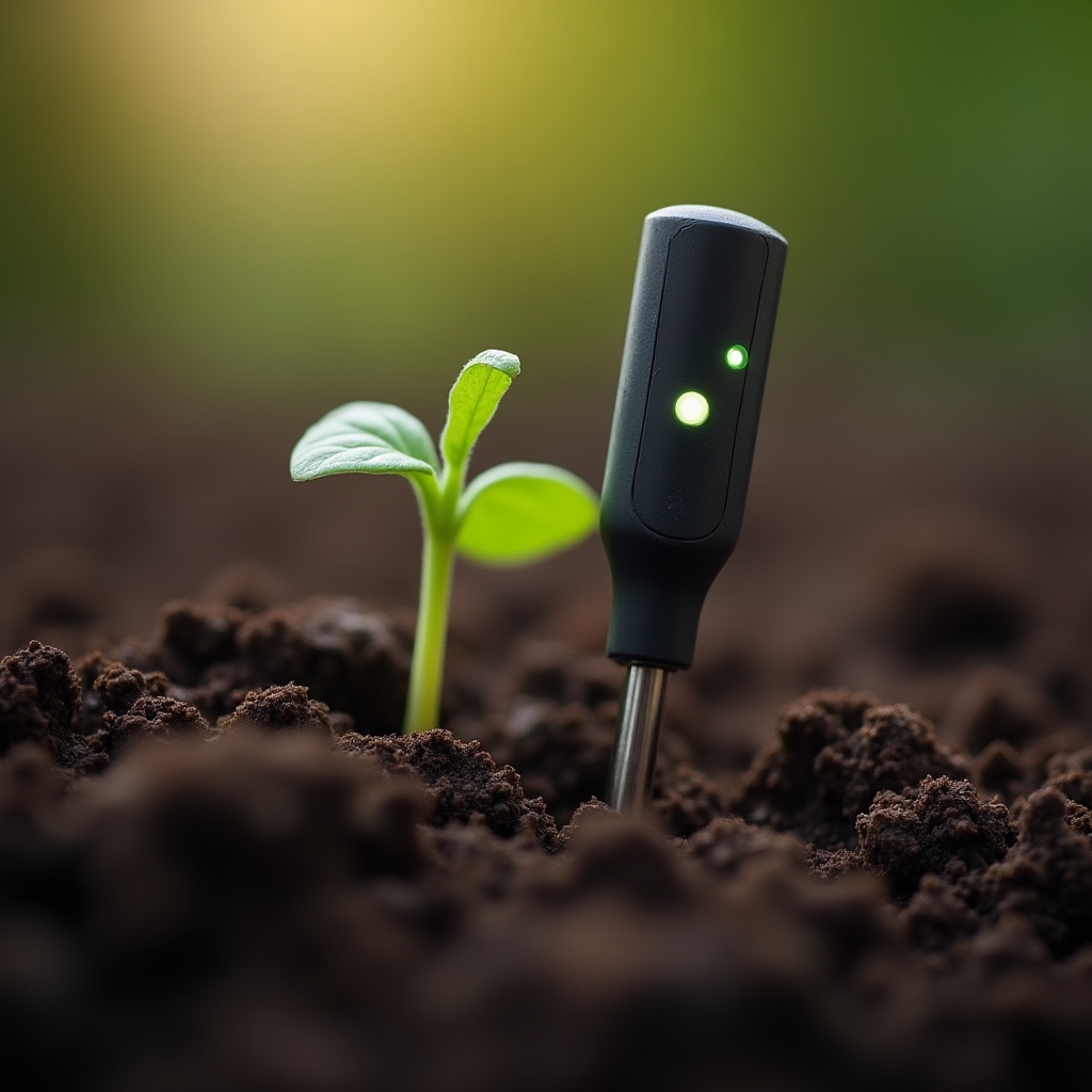 Close-up of a soil moisture sensor probe inserted into dark soil near plant roots