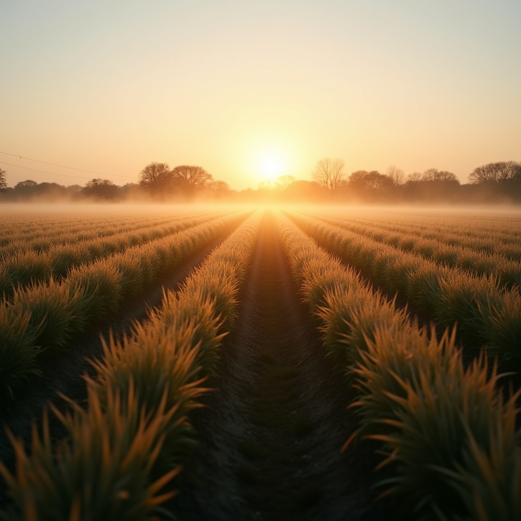 Early morning mist rising over rows of crops on a small farm at sunrise